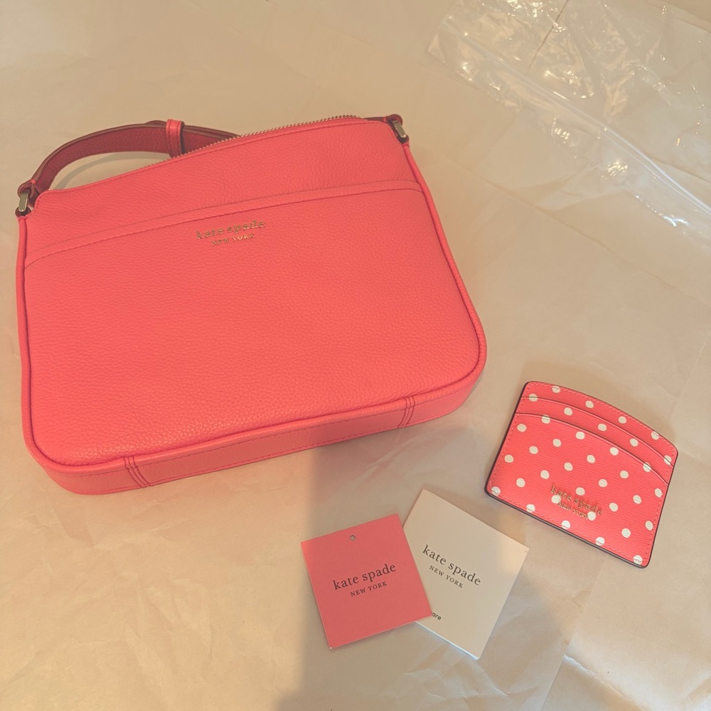 kate spade Coral Pink Pebble Leather Crossbody AND Card Holder Wallet